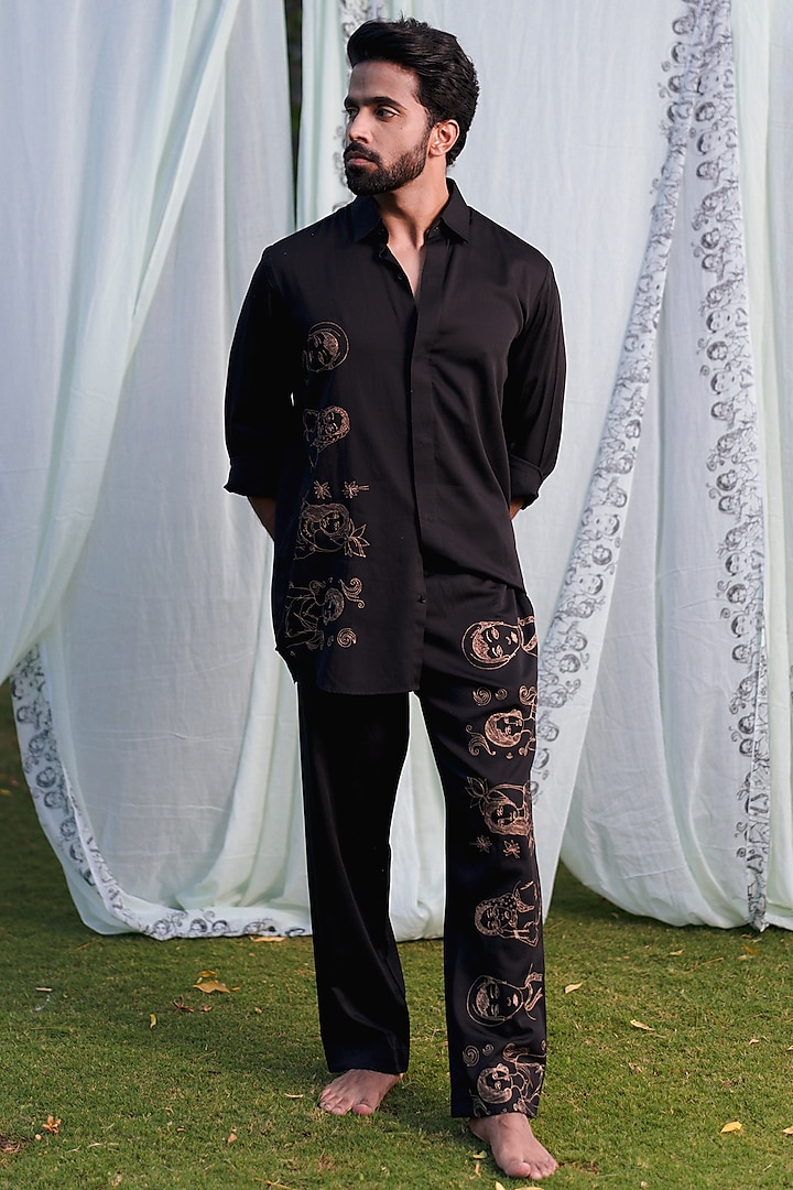 Black Swiss Silk Gold Embroidered Trousers by Whencut Goddamn