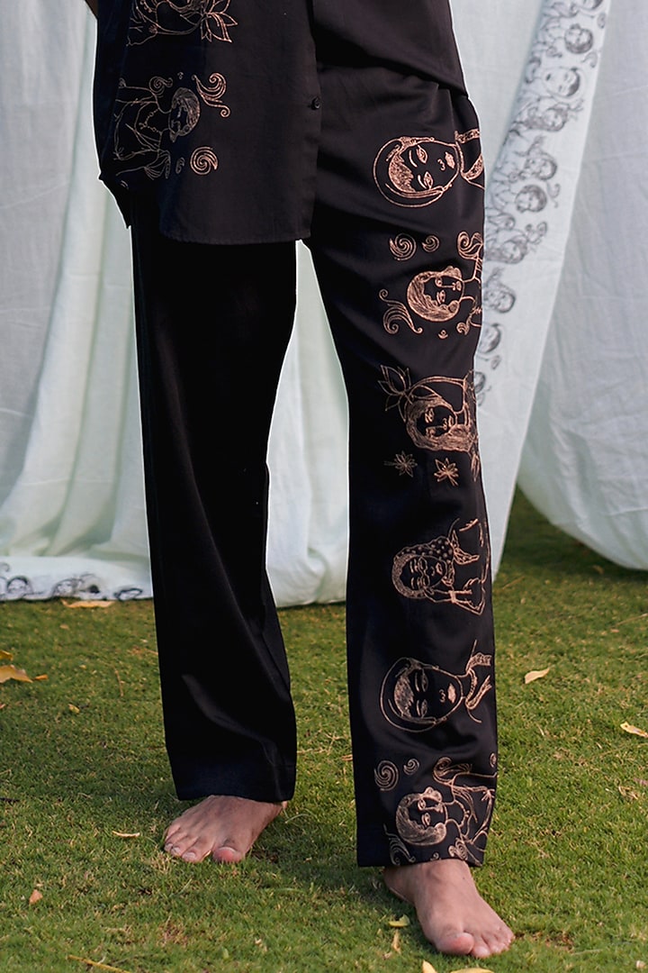 Black Swiss Silk Gold Embroidered Trousers by Whencut Goddamn at Pernia's Pop Up Shop