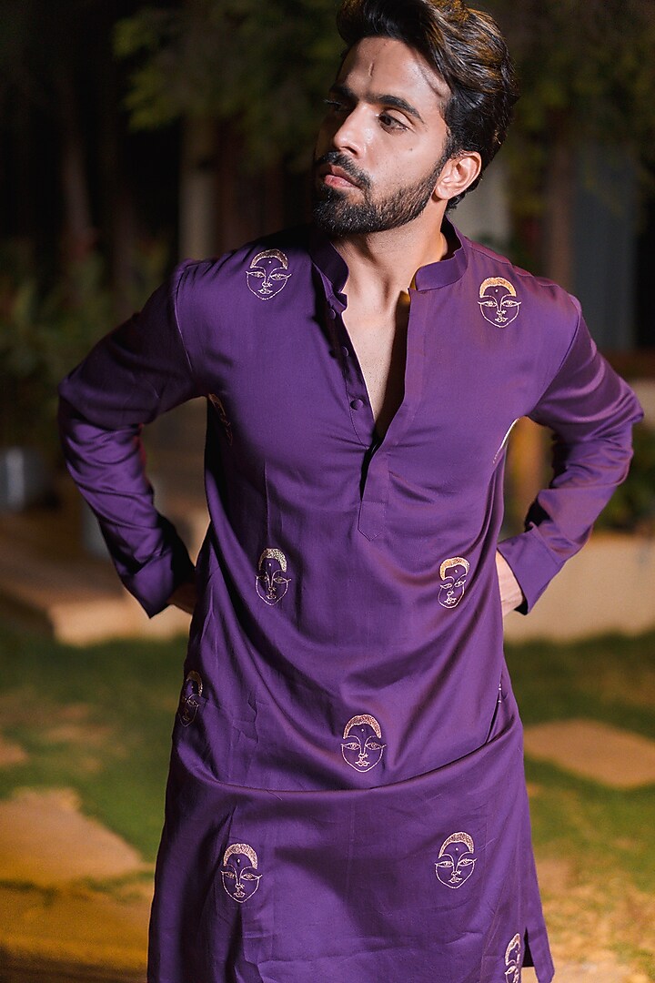 Purple Swiss Silk Gold Embroidered Kurta by Whencut Goddamn at Pernia's Pop Up Shop
