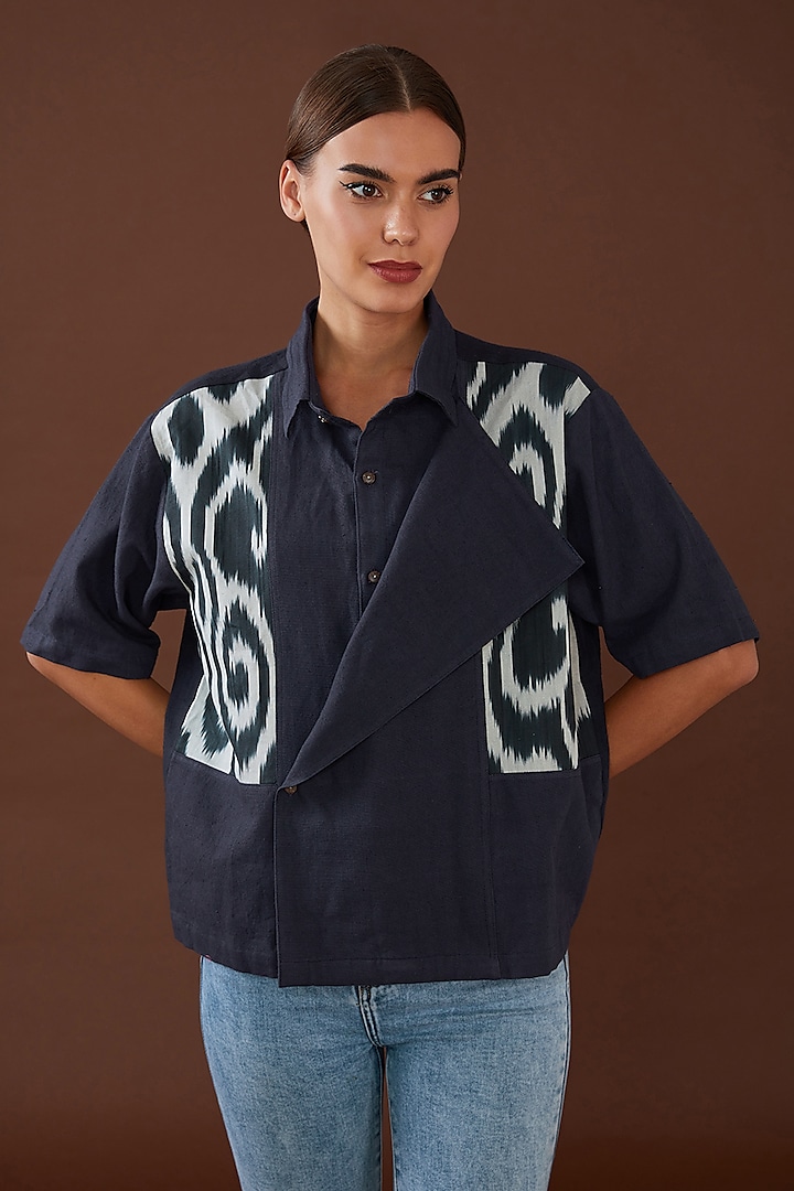 Blue Kala Cotton Ikat Printed Oversized Shirt by Whakato at Pernia's Pop Up Shop