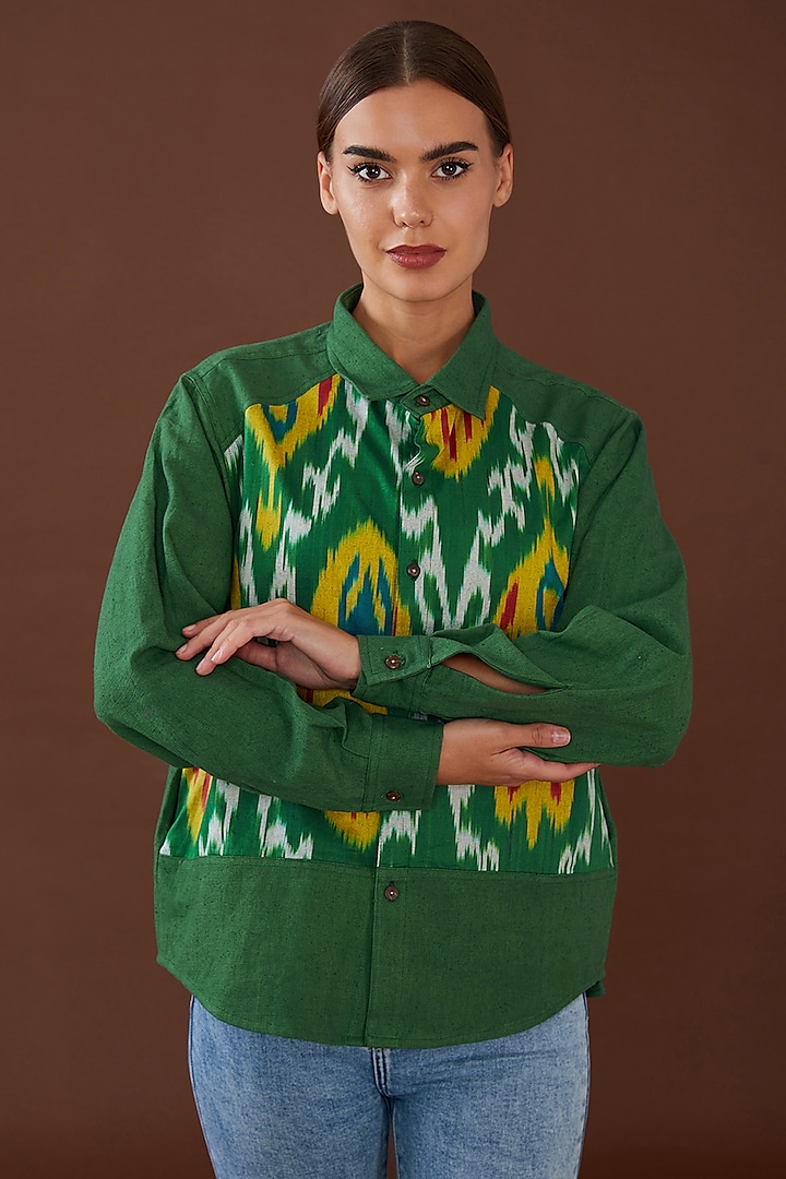 Green Kala Cotton Ikat Printed Shirt by Whakato at Pernia's Pop Up Shop