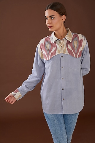 Purple Kala Cotton Ikat Printed Shirt by Whakato