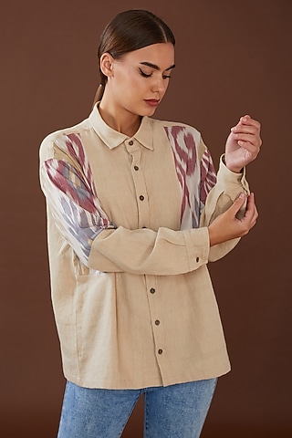 Beige Kala Cotton Ikat Printed Shirt by Whakato