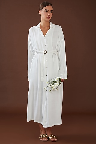 White Lotus Stem Fiber Button Shirt Dress by Whakato