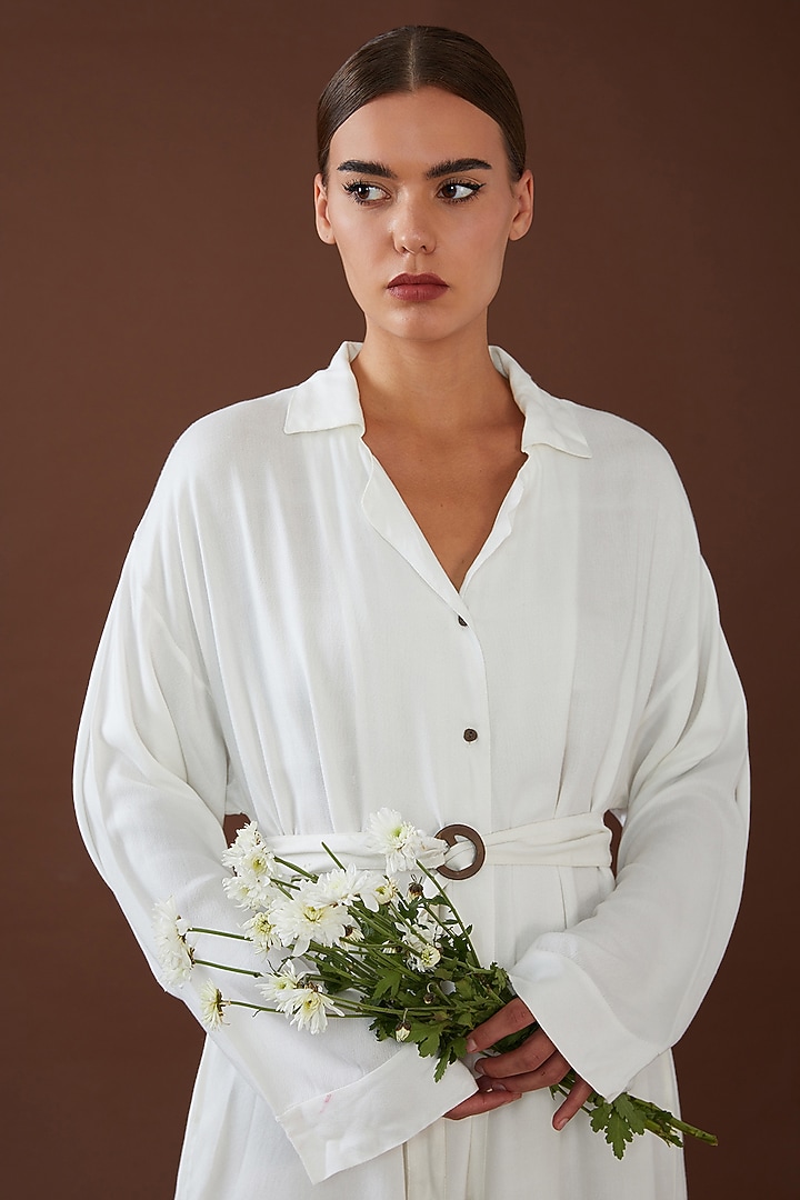 White Lotus Stem Fiber Button Vacation Shirt Dress by Whakato at Pernia's Pop Up Shop