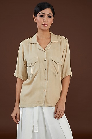 Beige Lotus Stem Fiber Boxy Cut Shirt by Whakato
