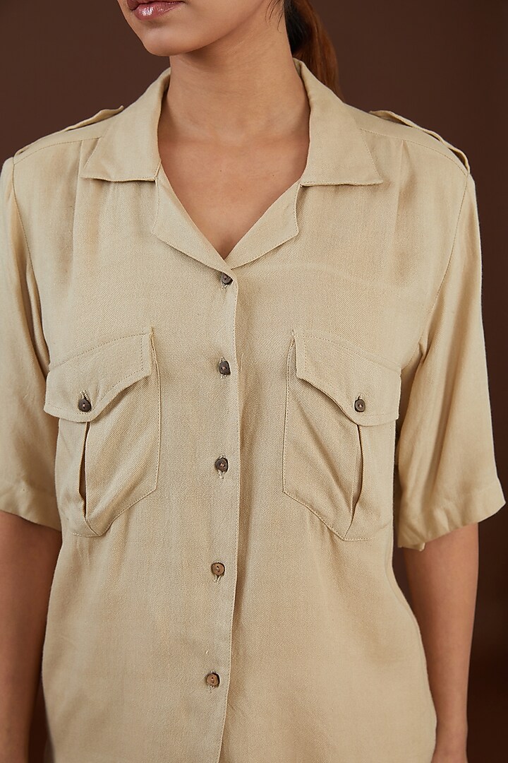 Beige Lotus Stem Fiber Boxy Cut Shirt by Whakato at Pernia's Pop Up Shop