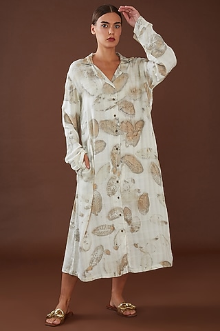 White Lotus Stem Fiber Button Shirt Dress by Whakato