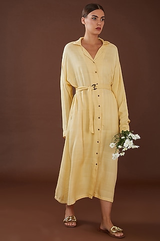 Yellow Lotus Stem Fiber Button Shirt Dress by Whakato