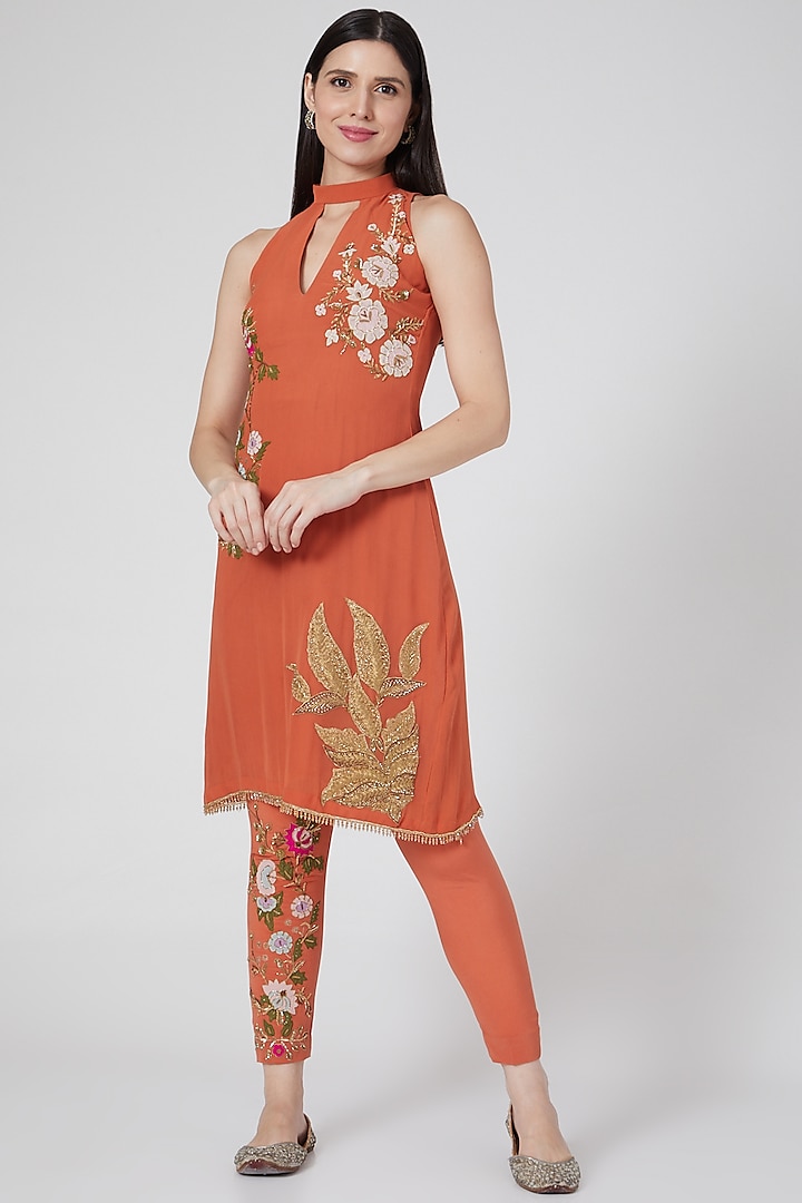 Rust Orange Embroidered Kurta Set by White Lily by Navneet Sidhu