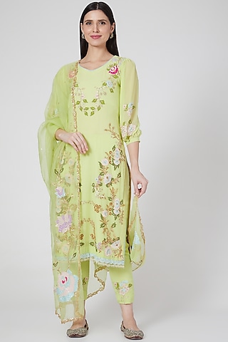 Lime Green Embroidered Kurta Set by White Lily by Navneet Sidhu