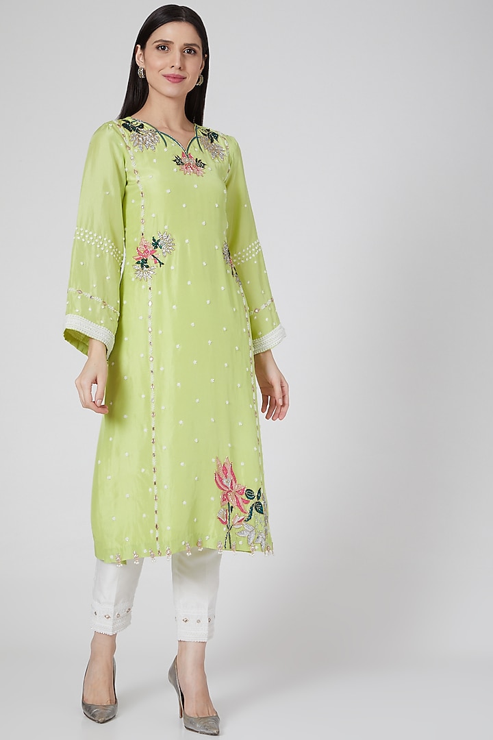 Lime Green & White Embroidered Kurta Set by White Lily by Navneet Sidhu