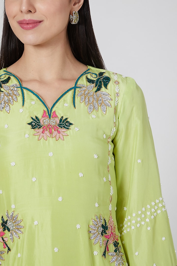 Lime Green & White Embroidered Kurta Set by White Lily by Navneet Sidhu at Pernia's Pop Up Shop