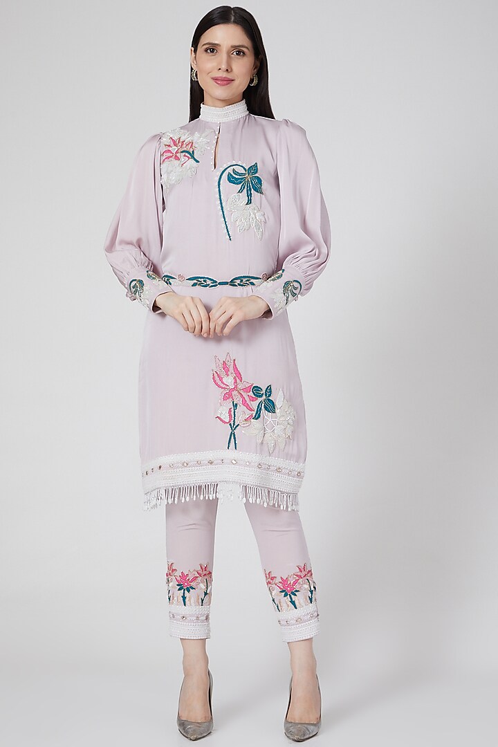 Lilac Embroidered A-Line Kurta Set by White Lily by Navneet Sidhu