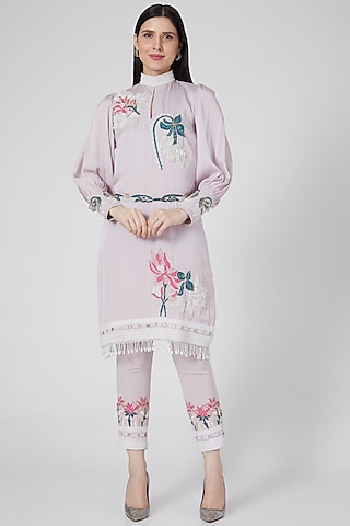 Lilac Embroidered A-Line Kurta Set by White Lily by Navneet Sidhu