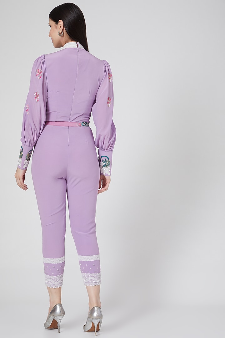 Lavender Embroidered Jumpsuit With Belt by White Lily by Navneet Sidhu at Pernia's Pop Up Shop