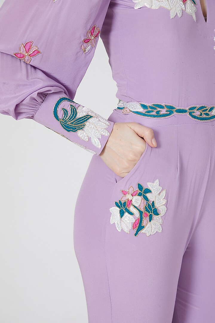 Lavender Embroidered Jumpsuit With Belt by White Lily by Navneet Sidhu at Pernia's Pop Up Shop