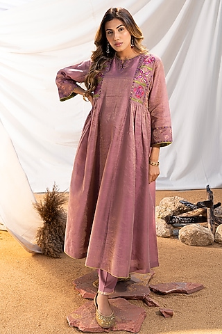Mauve Handwoven Cotton Zari Tissue Embroidered Kurta Set by The White Tree Studio