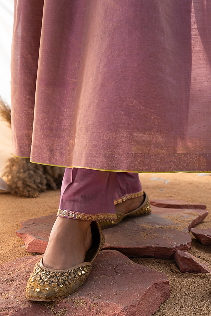 Mauve Handwoven Cotton Zari Tissue Embroidered Kurta Set by The White Tree Studio at Pernia's Pop Up Shop