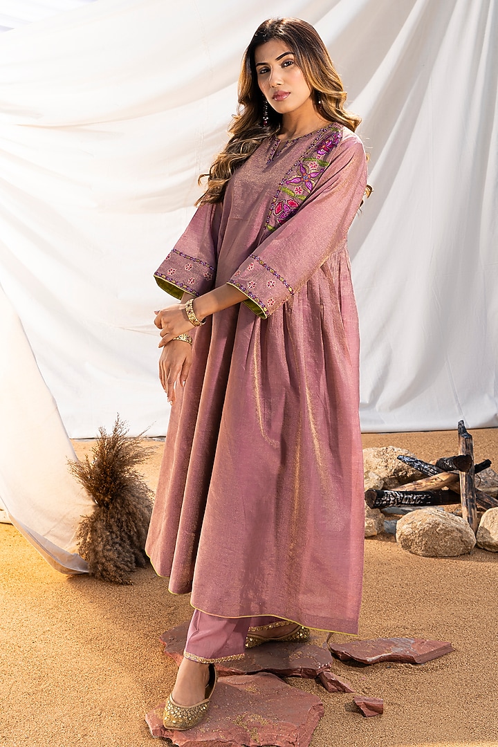 Mauve Handwoven Cotton Zari Tissue Embroidered Kurta Set by The White Tree Studio at Pernia's Pop Up Shop