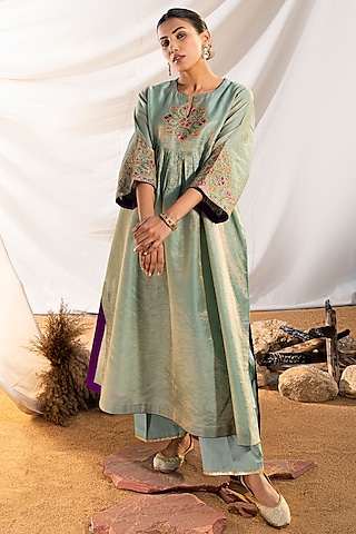 Green Handloom Cotton Zari Tissue Motifs Embroidered Kurta Set by The White Tree Studio