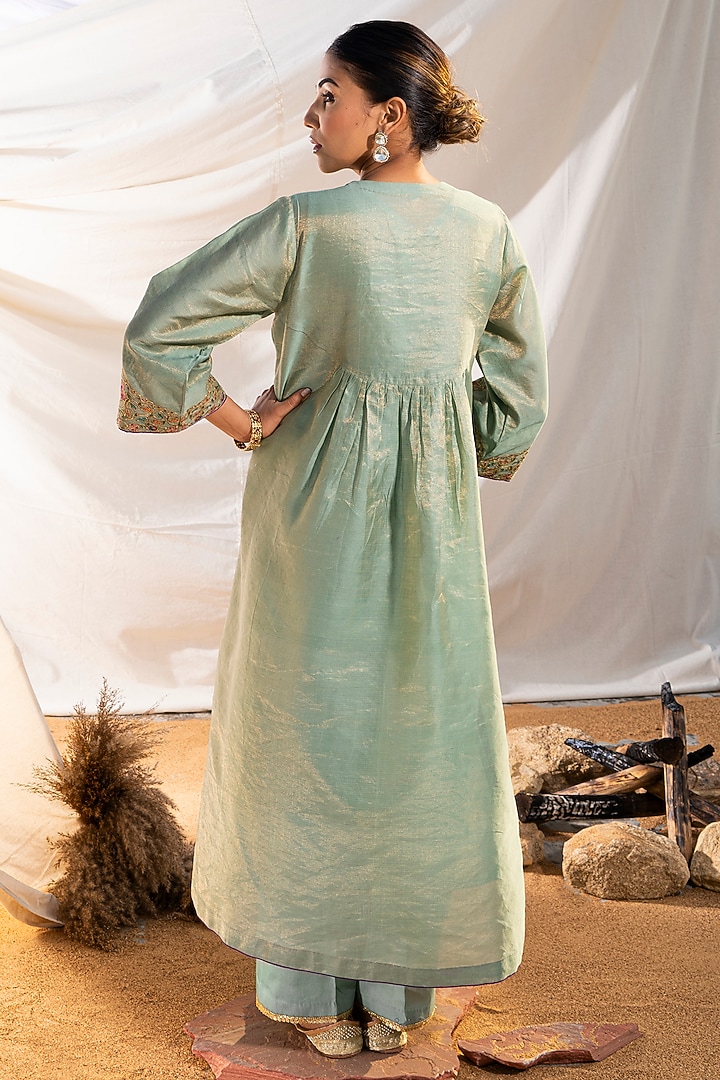 Green Handloom Cotton Zari Tissue Motifs Embroidered Kurta Set by The White Tree Studio at Pernia's Pop Up Shop