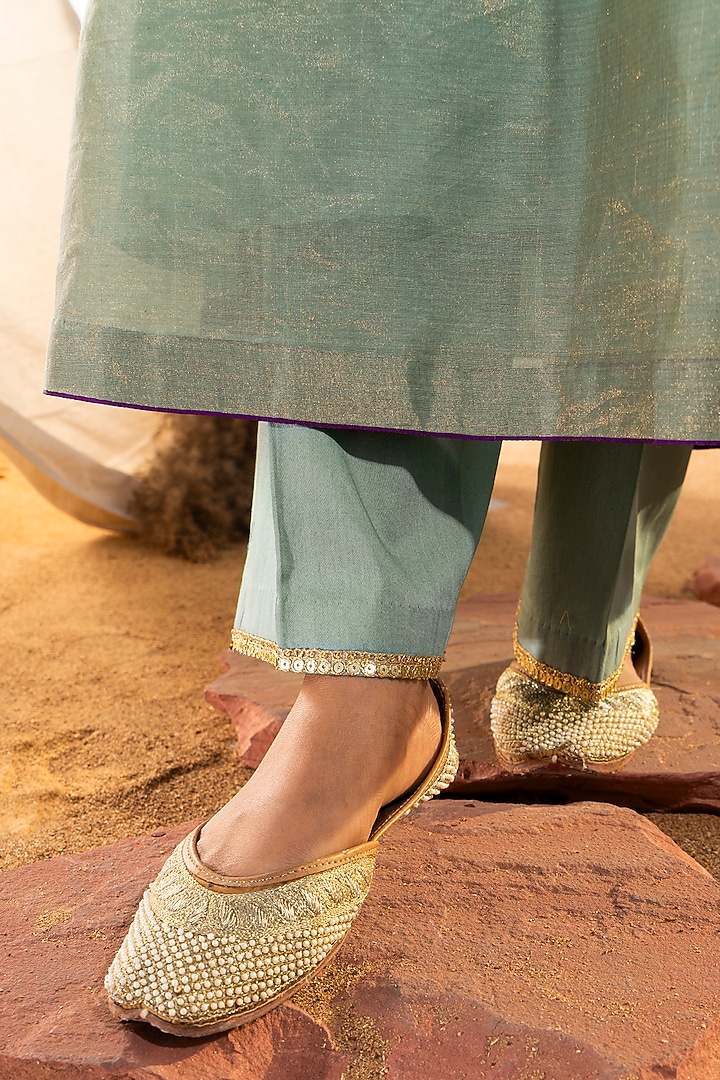 Green Handloom Cotton Zari Tissue Motifs Embroidered Kurta Set by The White Tree Studio at Pernia's Pop Up Shop