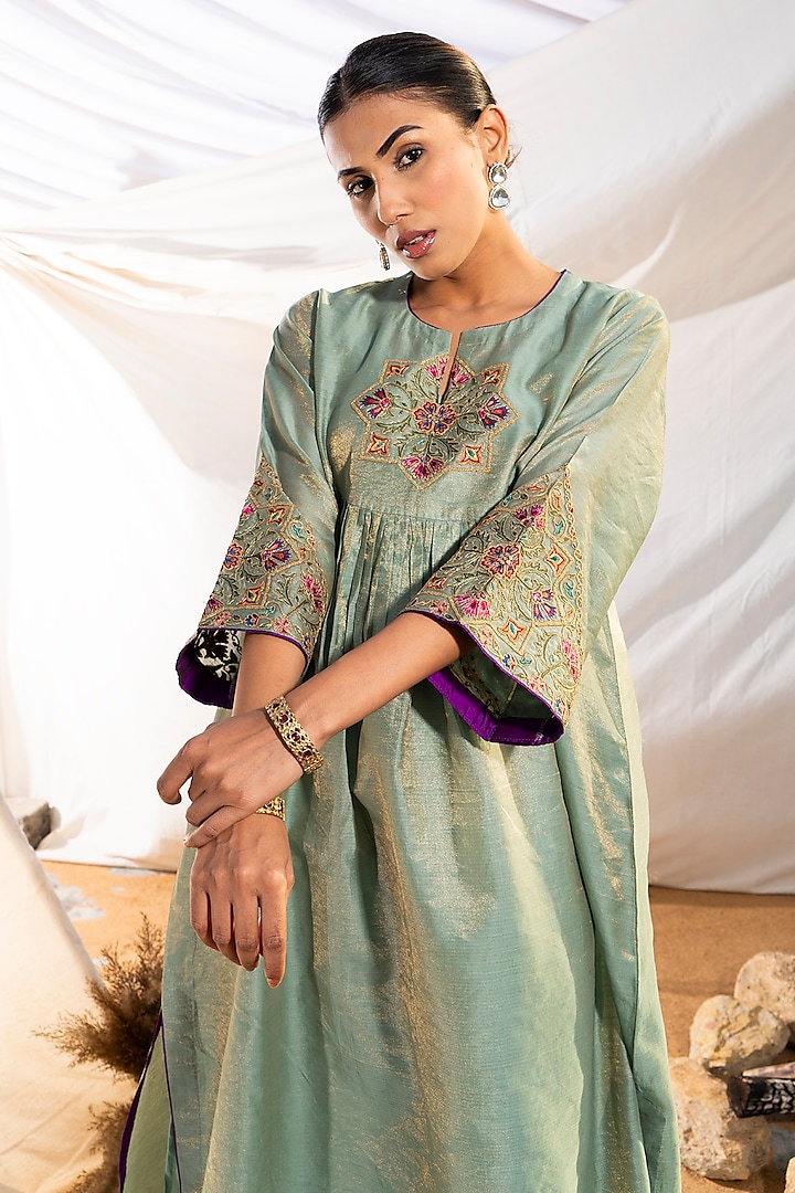Green Handloom Cotton Zari Tissue Motifs Embroidered Kurta Set by The White Tree Studio at Pernia's Pop Up Shop