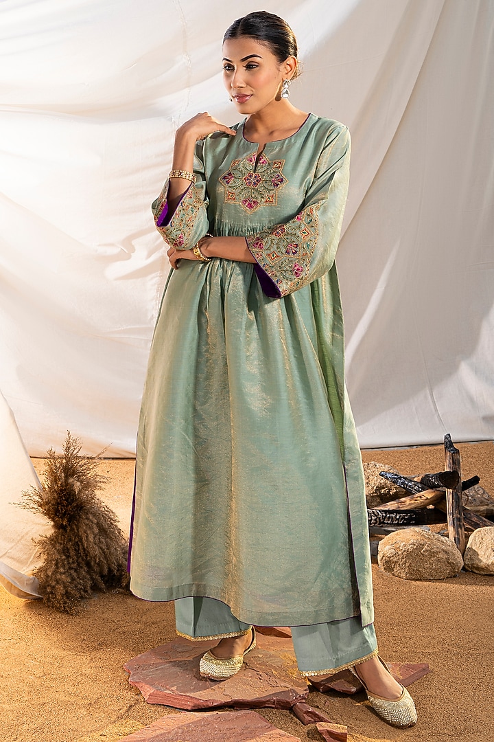Green Handloom Cotton Zari Tissue Motifs Embroidered Kurta Set by The White Tree Studio at Pernia's Pop Up Shop