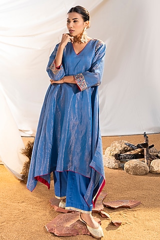 Blue Handloom Cotton Zari Tissue Motifs Embroidered Kurta Set by The White Tree Studio