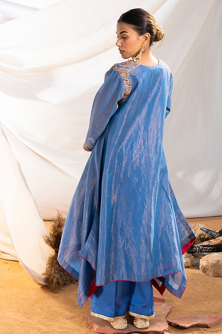 Blue Handloom Cotton Zari Tissue Motifs Embroidered Kurta Set by The White Tree Studio at Pernia's Pop Up Shop