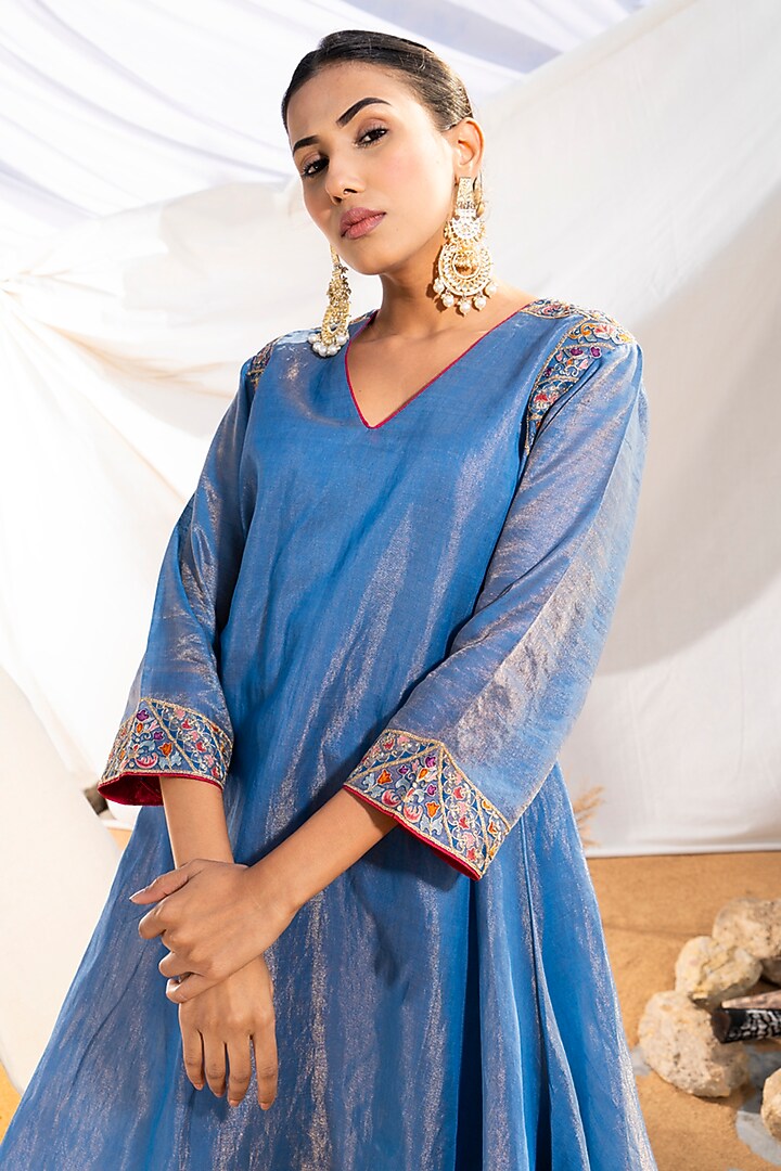 Blue Handloom Cotton Zari Tissue Motifs Embroidered Kurta Set by The White Tree Studio at Pernia's Pop Up Shop