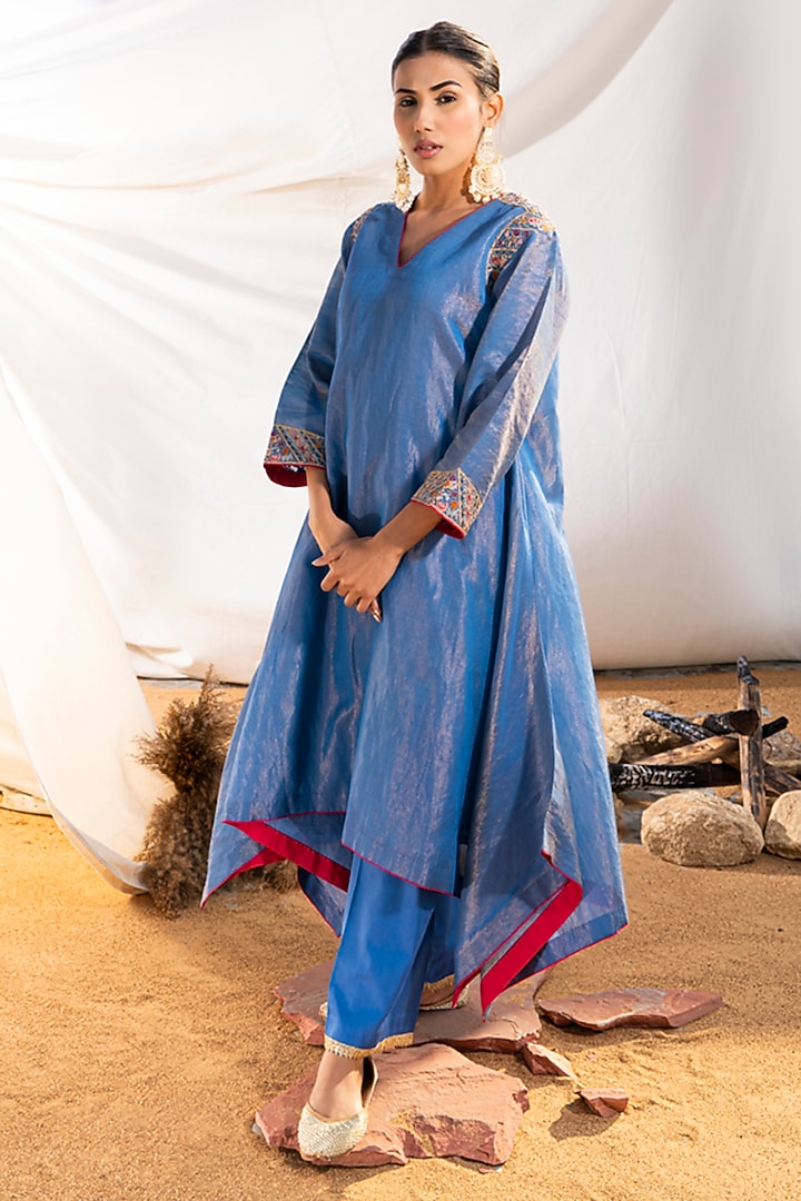 Blue Handloom Cotton Zari Tissue Motifs Embroidered Kurta Set by The White Tree Studio at Pernia's Pop Up Shop