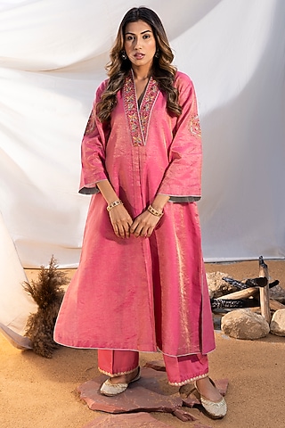 Pink Handloom Cotton Zari Tissue Motifs Embroidered Kurta Set by The White Tree Studio