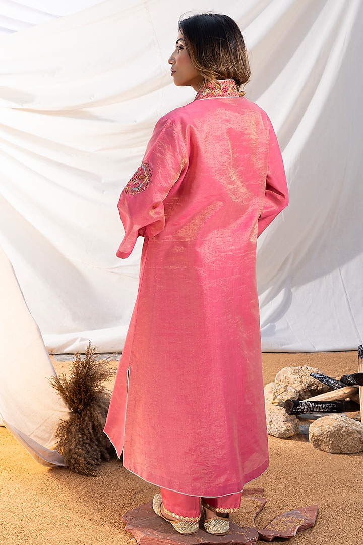 Pink Handloom Cotton Zari Tissue Motifs Embroidered Kurta Set by The White Tree Studio at Pernia's Pop Up Shop