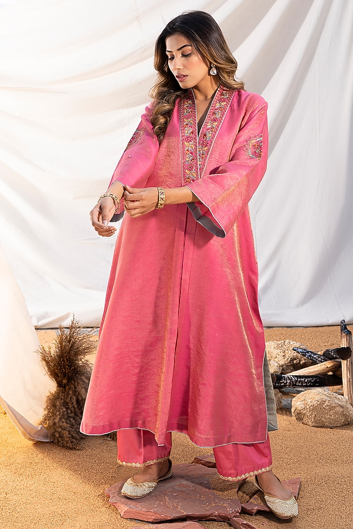 Pink Handloom Cotton Zari Tissue Motifs Embroidered Kurta Set by The White Tree Studio at Pernia's Pop Up Shop