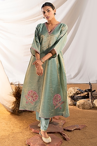 Green Handloom Cotton Zari Tissue Motifs Embroidered Kurta Set by The White Tree Studio