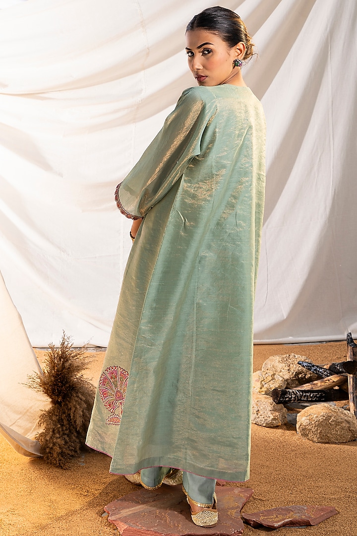 Green Handloom Cotton Zari Tissue Motifs Embroidered Kurta Set by The White Tree Studio at Pernia's Pop Up Shop