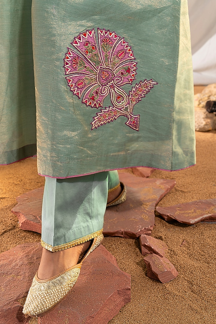 Green Handloom Cotton Zari Tissue Motifs Embroidered Kurta Set by The White Tree Studio at Pernia's Pop Up Shop