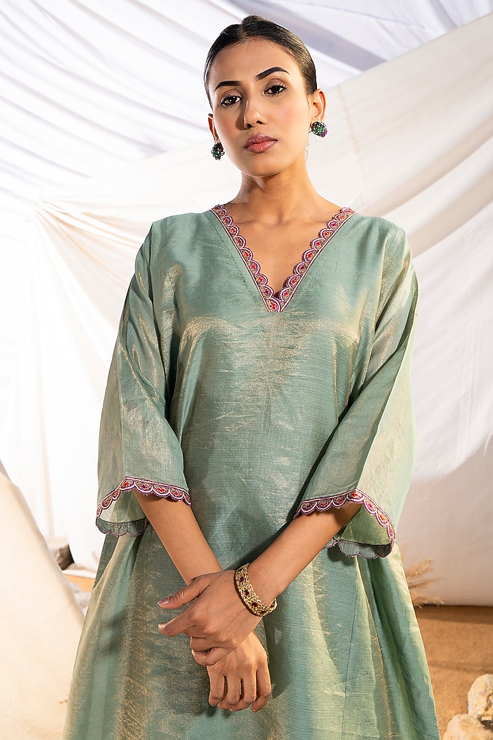Green Handloom Cotton Zari Tissue Motifs Embroidered Kurta Set by The White Tree Studio at Pernia's Pop Up Shop