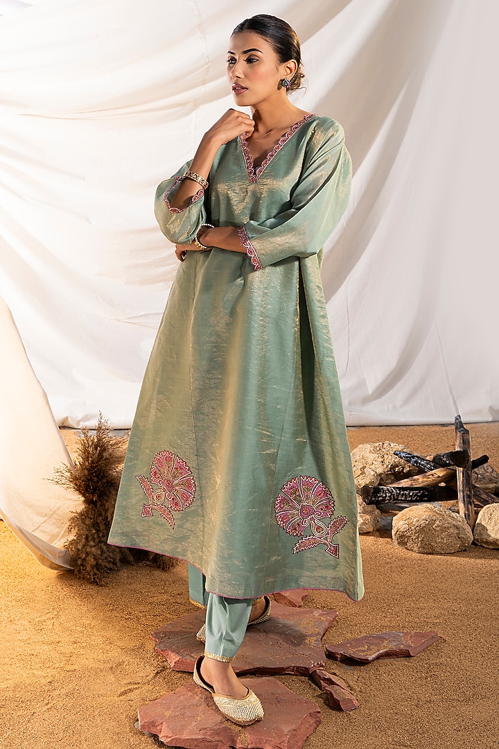 Green Handloom Cotton Zari Tissue Motifs Embroidered Kurta Set by The White Tree Studio at Pernia's Pop Up Shop