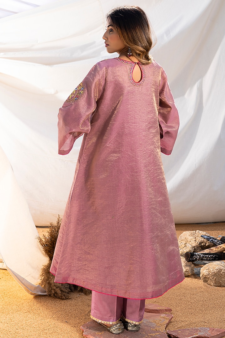 Mauve Handloom Cotton Zari Tissue Motifs Embroidered Kurta Set by The White Tree Studio at Pernia's Pop Up Shop