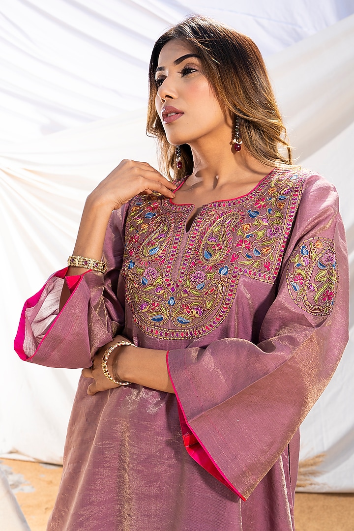 Mauve Handloom Cotton Zari Tissue Motifs Embroidered Kurta Set by The White Tree Studio at Pernia's Pop Up Shop