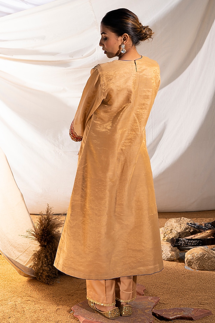 Beige Handloom Cotton Zari Tissue Silk Thread Embroidered Kurta Set by The White Tree Studio at Pernia's Pop Up Shop