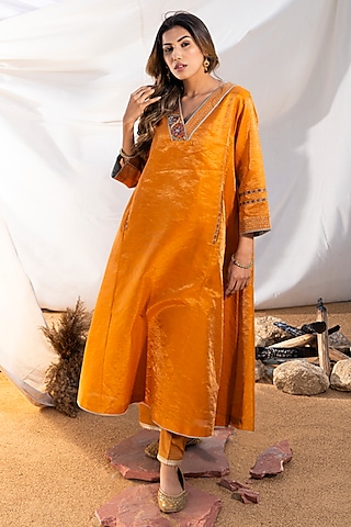 Rust Handloom Cotton Zari Tissue Silk Thread Embroidered Kurta Set by ...