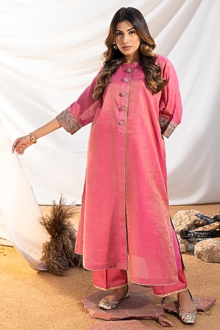 Pink Handloom Cotton Zari Tissue Thread Embroidered Kurta Set by The White Tree Studio