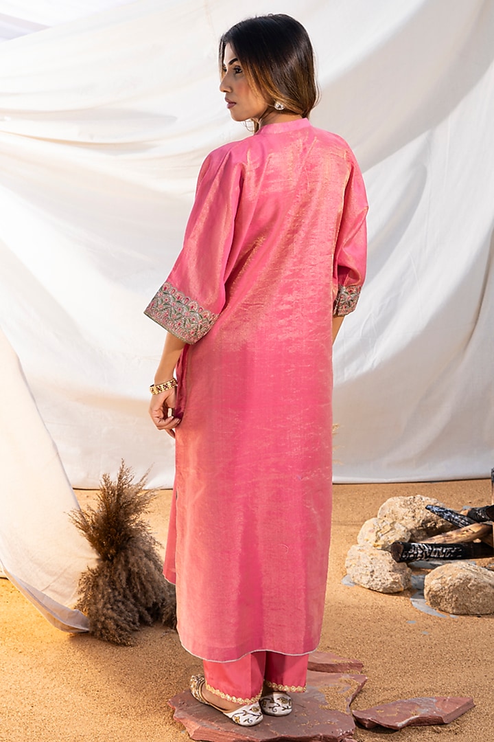 Pink Handloom Cotton Zari Tissue Thread Embroidered Kurta Set by The White Tree Studio at Pernia's Pop Up Shop