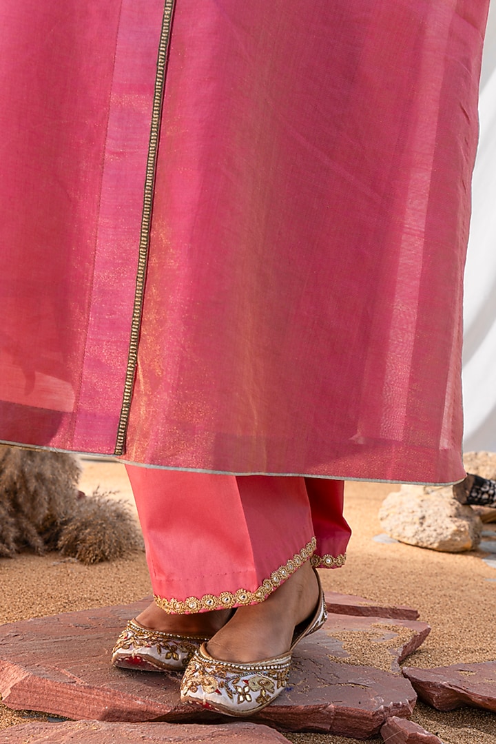Pink Handloom Cotton Zari Tissue Thread Embroidered Kurta Set by The White Tree Studio at Pernia's Pop Up Shop