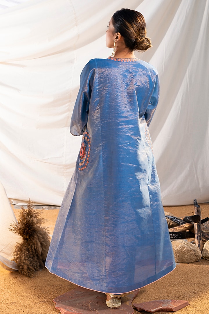 Blue Handloom Cotton Zari Tissue Silk Thread Embroidered Kurta Set by The White Tree Studio at Pernia's Pop Up Shop