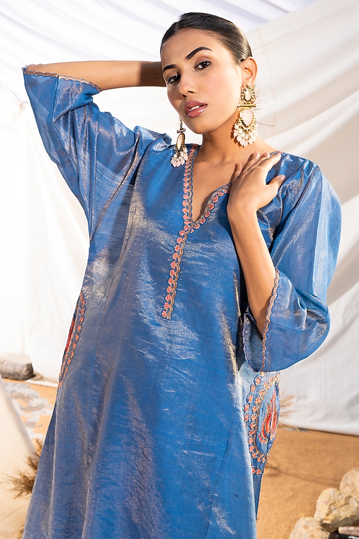Blue Handloom Cotton Zari Tissue Silk Thread Embroidered Kurta Set by The White Tree Studio at Pernia's Pop Up Shop